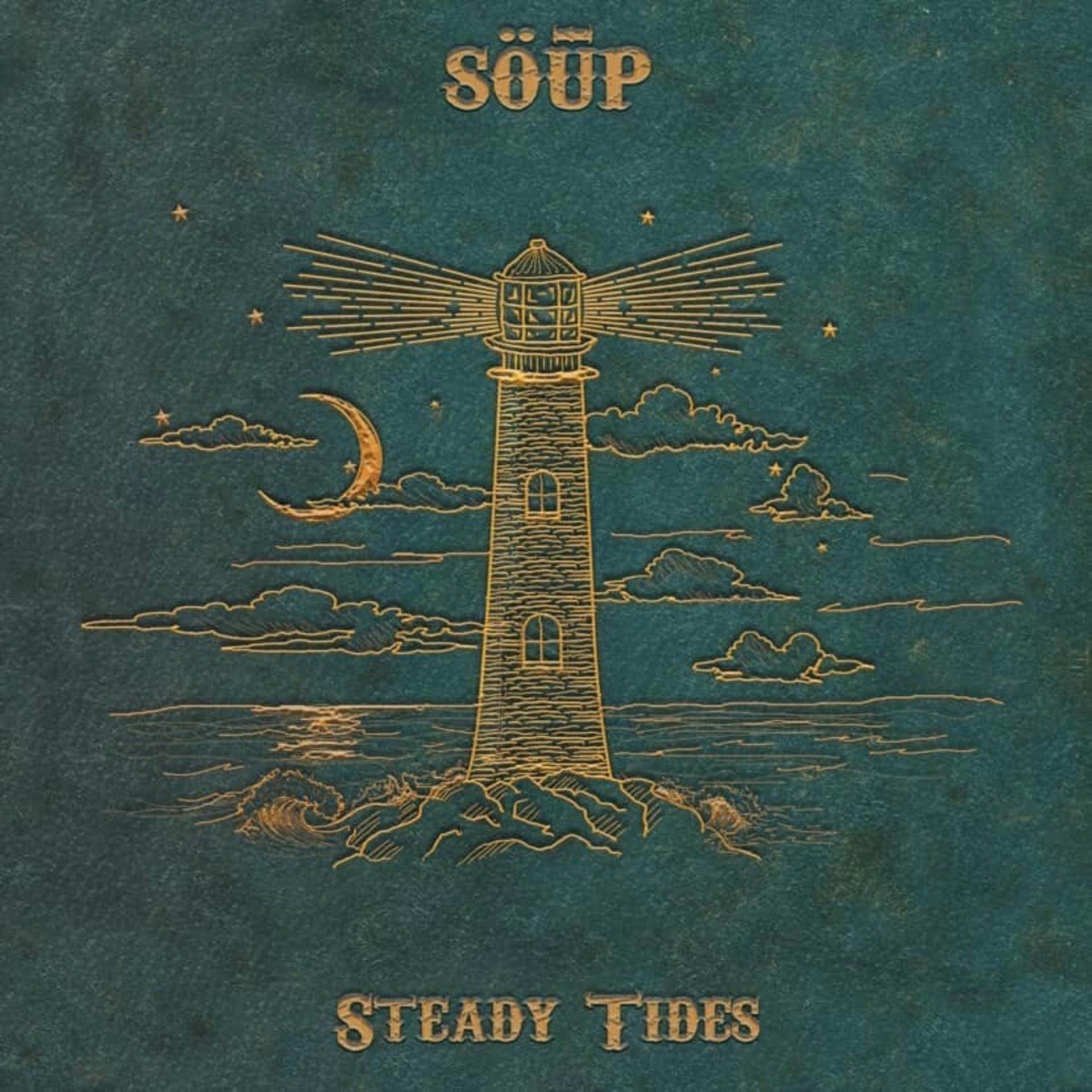 Steady Tides cover — a gold engraved lighthouse over a moonlit sea, on sea-green cloth
